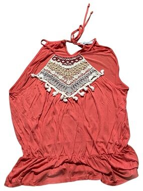 Culture Code Coral Halter Top Embroidery Tassel Front Size Beachy Boho XL